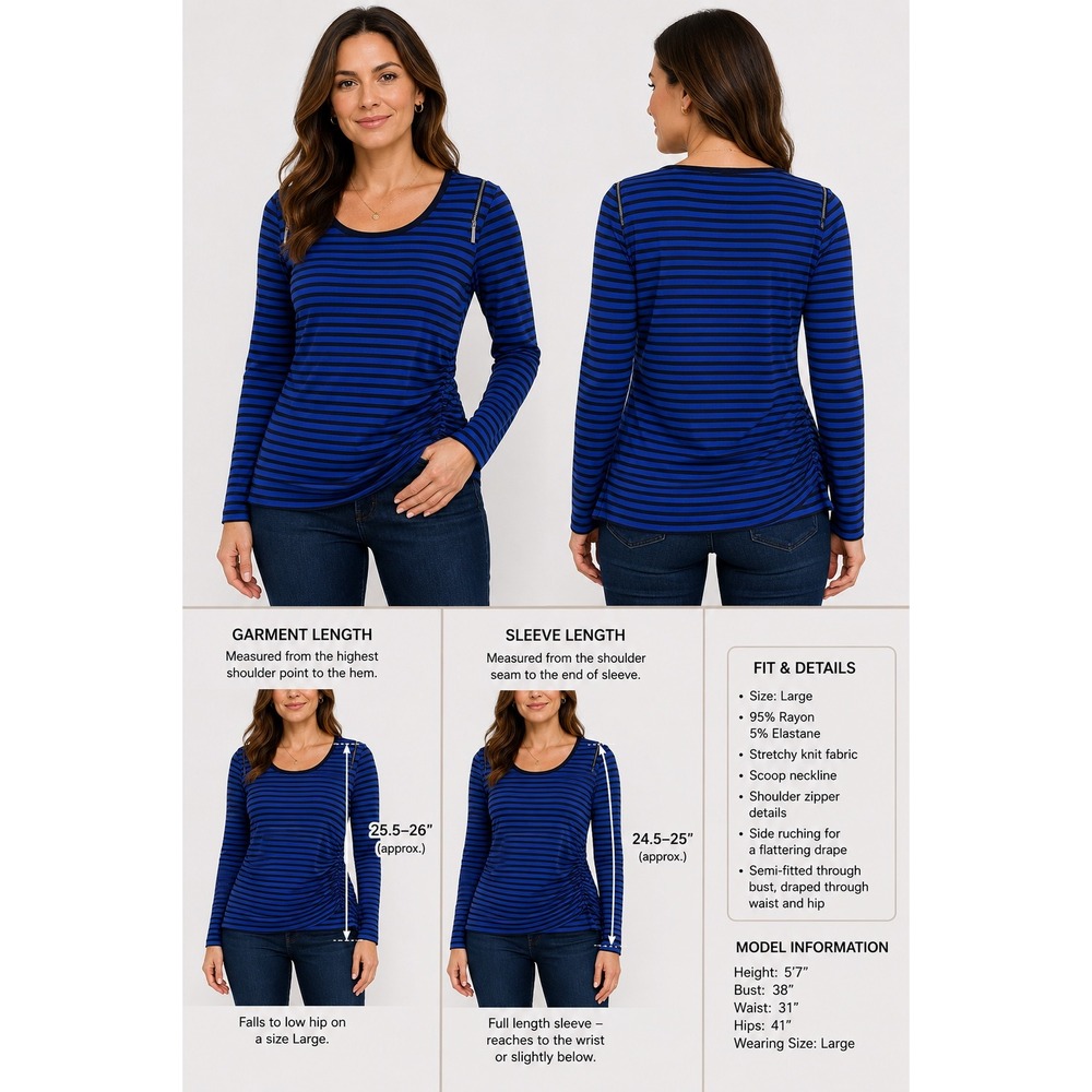 Michael Michael Kors Womens Blue Striped Zipper Shoulder Ruched Top Large NEW